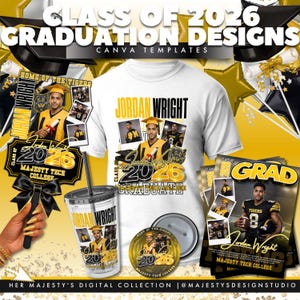Puede incluir: Una colecci&oacute;n de dise&ntilde;os con tem&aacute;tica de graduaci&oacute;n con el texto "Class of 2026" y "Jordan Wright". Los dise&ntilde;os incluyen una camiseta blanca, un vaso, un bot&oacute;n y un anuncio de graduaci&oacute;n, todos con una combinaci&oacute;n de colores amarillo y negro.