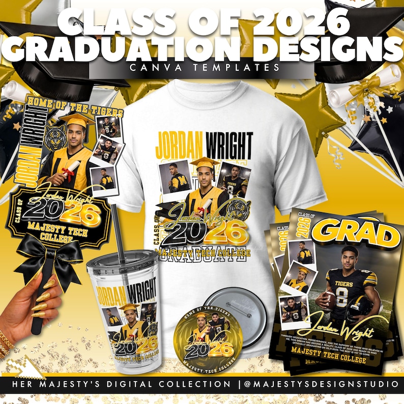Puede incluir: Una colecci&oacute;n de dise&ntilde;os con tem&aacute;tica de graduaci&oacute;n con el texto "Class of 2026" y "Jordan Wright". Los dise&ntilde;os incluyen una camiseta blanca, un vaso, un bot&oacute;n y un anuncio de graduaci&oacute;n, todos con una combinaci&oacute;n de colores amarillo y negro.