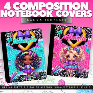 Op de afbeelding: Twee compositieboekcovers met de naam "Mikayla". De covers bevatten cartoon illustraties van meisjes, vlinders en potloden. De tekst "4 COMPOSITION NOTEBOOK COVERS" en "CANVA TEMPLATE" staat bovenaan.