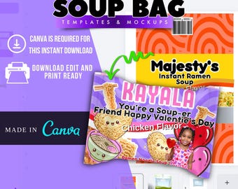 Plantilla personalizada de bolsa de sopa ramen / Regalo de fiesta DIY, maqueta (Descargar PDF de Canva)