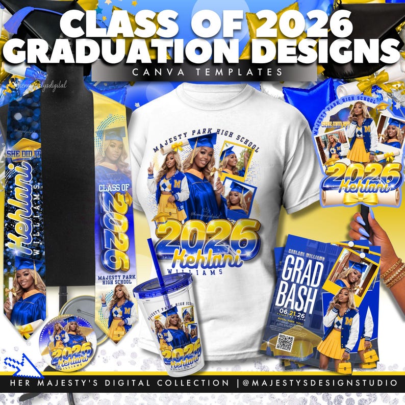 K&ouml;nnte beinhalten: Eine Sammlung von Designs zum Thema Abschlussfeier, darunter ein wei&szlig;es T-Shirt, ein Becher, eine Sch&auml;rpe, Buttons und eine Karte. Die Designs enthalten den Text "Class of 2026" und "Majesty Park High School" in Blau und Gold.