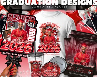 Paquete de botones y anuncios para la camiseta de graduación roja de 2026 / Plantillas de Canva (descarga digital)