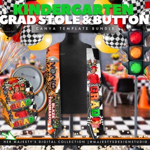 May include: A Canva template bundle featuring a kindergarten graduation stole and button design. The image shows a black mannequin with a graduation stole, buttons, and balloons. The stole has the text "Kindergarten Grad" and a photo of a child in a graduation gown.