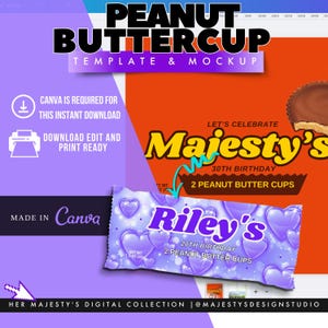 Peanut Butter Cup Wrapper Canva Template – Editable Candy Favor Printable + Mockup – Birthday Party Label – Instant Download