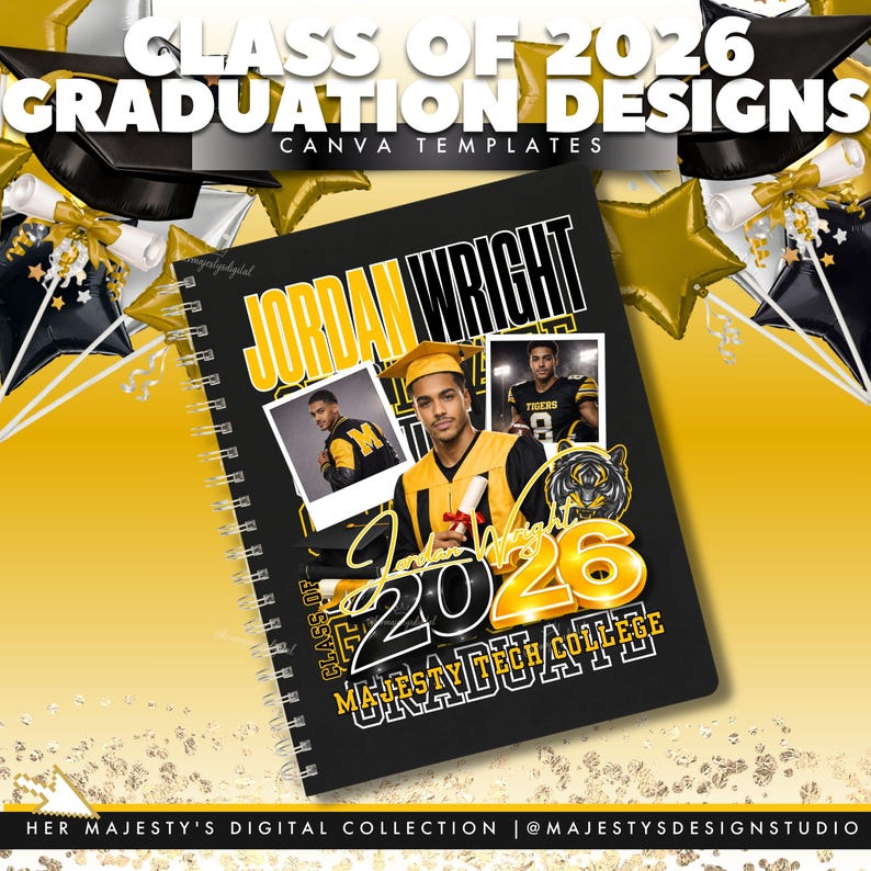 Puede incluir: Un cuaderno negro con espiral con un dise&ntilde;o de graduaci&oacute;n. La portada presenta el nombre "Jordan Wright", fotos y el texto "Class of 2026 Graduate". Se utilizan detalles dorados y negros en todo el dise&ntilde;o, con el texto "Majesty Tech College".