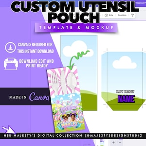 May include: A digital template and mockup for a custom utensil pouch. The design features a birthday theme with a circus illustration and the name "Marley". The text includes "Custom Utensil Pouch", "Template & Mockup", and "Happy Birthday".