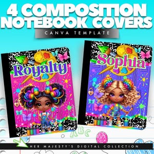 Composition Notebook Canva Templates – 4 Editable School Notebook Cover Bundle for Girls – Back to School – Digital Download