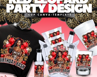 Red Leopard Birthday Bash Canva Template – Cup, Bucket & Shirt Design – Digital Download