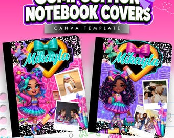 May include: Two digital composition notebook covers featuring the text "COMPOSITION NOTEBOOK COVERS CANVA TEMPLATE". Each cover displays a cartoon character, a heart-shaped frame with the name "Mikayla", and two small photo inserts.