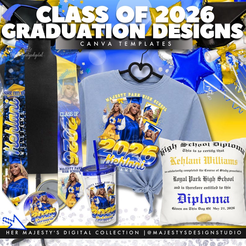 K&ouml;nnte beinhalten: Eine Sammlung von Artikeln zum Thema Abschluss in Blau und Gold, darunter eine Sch&auml;rpe, ein T-Shirt, ein Becher, ein Diplomkissen und Kn&ouml;pfe. Die Artikel tragen den Text "Class of 2026" und "Kehlani Williams". Das Design ist f&uuml;r die Majesty Park High School.