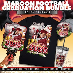 May include: A maroon football graduation bundle with a black t-shirt, fan, tumbler, and balloon decorations. The design includes a football player, graduation cap, and the text "Congrats", "Senior", "2026", and "Royal Park High School".