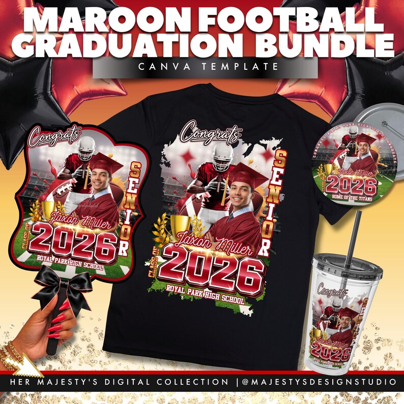 May include: A maroon football graduation bundle with a black t-shirt, fan, tumbler, and balloon decorations. The design includes a football player, graduation cap, and the text "Congrats", "Senior", "2026", and "Royal Park High School".