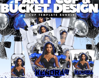Blue & Black Party Templates | Cup Wraps, Shot Glass, Party Bucket (Canva Editable, Digital Download)