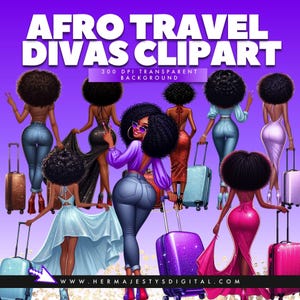 Afro Travel Diva Clipart | Fashion Black Girl PNGs | Suitcase Travel Art | Instant Digital Download | Passport Covers | Sublimation Travel