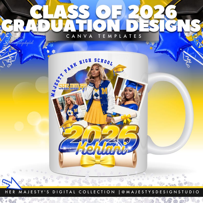 K&ouml;nnte beinhalten: Wei&szlig;e Keramik-Tasse mit einem Abschluss-Design. Die Tasse zeigt den Text "CLASS OF 2026 GRADUATION DESIGNS" und "CANVA TEMPLATES". Sie enth&auml;lt Fotos einer Absolventin, den Schulnamen und den Namen der Absolventin.
