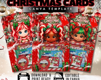May include: Red Christmas card template with the text "JUMBO CHRISTMAS CARDS" and "MERRY CHRISTMAS". The card features a cartoon girl with candy cane hair, Skittles, and Life Savers.