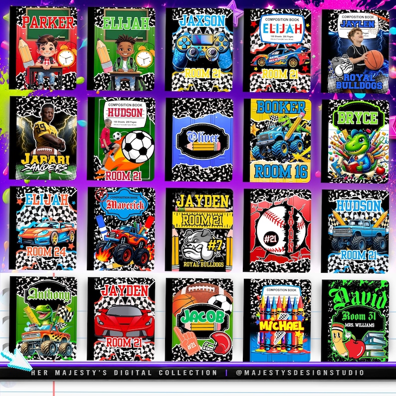 50 Composition Notebook Cover Templates: School Designs for Boys ...