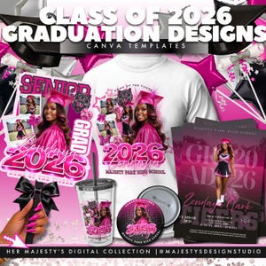 May include: A collection of graduation-themed designs in pink and black. Includes a t-shirt, invitation, tumbler, button, and photo cards. The designs feature the text "Class of 2026", "Senior", and "Majesty Park High School".