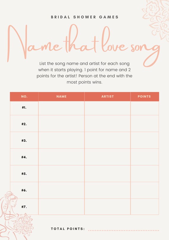 Name that love song Bridal Shower Game