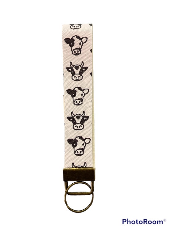 Cow print faux leather keychain, key fob, keychain lanyard, wristlet.