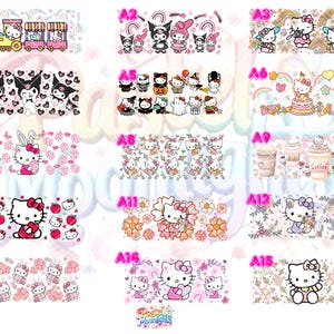Könnte beinhalten: Eine Sammlung verschiedener Designs mit der Figur Hello Kitty. Die Designs zeigen Hello Kitty mit einer Eisenbahn, Freunden, Äpfeln und Blumenmustern. Die Farbpalette ist hauptsächlich rosa, weiß und rot.
