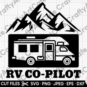 May include: Black and white silhouette of a recreational vehicle with mountains in the background. The text "RV CO-PILOT" is below the vehicle.
