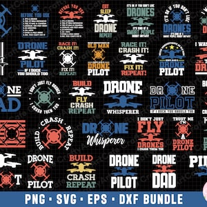 Può includere: Un set di 20 design digitali con giochi di parole e detti sui piloti di droni. I design sono in nero, bianco, rosso, blu e verde. I design includono testo come "Drone Dad", "Drone Pilot", "Non solo volo droni, li schianto anche", e "Costruisci, vola, schianta, ripeti".