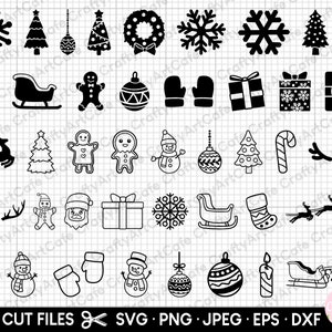 christmas design bundle svg png cricut cut files commercial use chrsitmas tree snow flake gingerbread man snowman sled candle santa claus