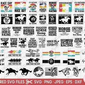 Peut inclure: Un ensemble de 25 fichiers SVG superposés présentant des motifs de courses de chevaux. Les motifs comprennent des phrases comme "Horse Racing Girl", "Horse Racing Mom", "I'd Rather Be Riding", et "Talk Derby To Me". Les motifs comprennent également des images de chevaux en course, une piste de course de chevaux et un rythme cardiaque de course de chevaux.