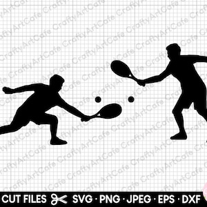 Puede incluir: Dos siluetas negras de personas jugando al pádel. Una persona está golpeando la pelota con una pala, mientras que la otra se está preparando para devolver la pelota. Hay tres pequeños círculos blancos que representan pelotas de pádel en el aire.