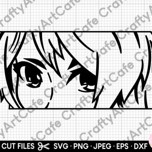 May include: Black and white line art illustration of a woman's face with large eyes and long hair. The woman is looking to the right of the image.