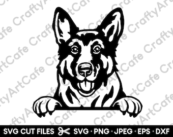 May include: Black and white silhouette of a German Shepherd dog peeking over a surface. The dog has a happy expression with its tongue sticking out.