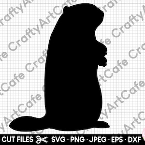 May include: A black silhouette of a groundhog standing upright, with its paws clasped in front. The image includes the text "SVG CUT FILES SVG PNG JPEG EPS DXF" at the bottom, indicating its use as a digital cut file.