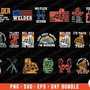 May include: A set of 12 digital designs featuring vintage-style illustrations of welders with text related to welding. The designs are in a retro color palette of red, yellow, blue, and green. The text includes phrases like "I'm a welder", "Will weld for tacos", and "Yes, I know I am on fire".