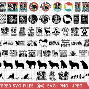Peut inclure: Un ensemble de 36 fichiers SVG superposés représentant des designs de chiens bergers australiens. Les designs comprennent diverses phrases et images, telles que "Best Dog Mom Ever", "Aussie Dad", "Just a Girl Aussie", et "My Dog Winks". Les fichiers sont parfaits pour créer des t-shirts, des mugs, des autocollants et autres objets artisanaux personnalisés.