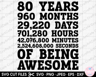 May include: Black and white graphic text design that reads "80 Years 960 Months 29,220 Days 701,280 Hours 42,076,800 Minutes 2,524,608,000 Seconds of Being Awesome".