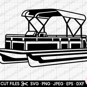 May include: Black and white silhouette of a pontoon boat with a canopy. The boat has a flat deck with multiple seats and a railing around the perimeter. The canopy is a simple frame with a fabric top.
