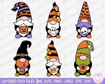 May include: Set of six Halloween gnome SVG cut files. The gnomes are wearing different hats and holding various Halloween-themed items. The gnomes are in orange, green, purple, black, and white.