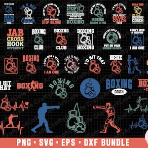 Puede incluir: Una descarga digital de 24 diseños SVG con temática de boxeo. Los diseños presentan varias frases e imágenes relacionadas con el boxeo, incluyendo guantes de boxeo, un ring de boxeo y un boxeador. Los diseños están en una variedad de colores, incluyendo rojo, azul, verde y negro.