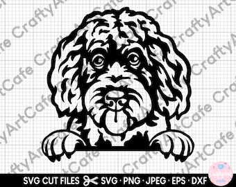 May include: Black and white graphic of a dog's face with curly fur, tongue out, and paws at the bottom. The image includes the text "SVG CUT FILES" and file type abbreviations.