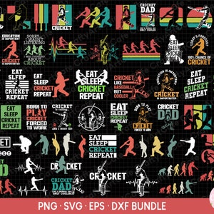 Puede incluir: Una descarga digital de 25 diseños SVG con temática de cricket. Los diseños presentan varias frases e imágenes relacionadas con el cricket, incluyendo "Comer Dormir Cricket Repetir", "Papá Cricket" y "Nacido para jugar al cricket".