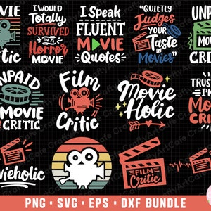 May include: A set of 10 digital cut files for crafting projects featuring movie-themed puns and illustrations. The designs include a retro-style film camera, clapperboard, and text such as "Movie Critic", "Film Critic", and "Movie Holic".