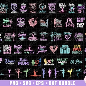 Peut inclure: Un téléchargement numérique de 30 fichiers de découpe SVG avec des motifs sur le thème du ballet. Les motifs comprennent des phrases comme "Ballet Mom", "Dance is my Sport", "Live Love Dance" et "Oh Plies". Les motifs sont de différentes couleurs, notamment le rose, le bleu et le vert.