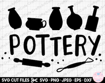 May include: Black and white silhouette design of pottery tools and various pottery shapes with the word "POTTERY" in a handwritten font.