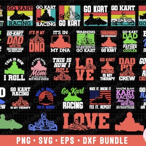 May include: A digital download bundle of 20 go-kart racing themed SVG, PNG, EPS, and DXF files. The designs feature various phrases and graphics related to go-kart racing, such as "Go Kart Racing is My Therapy", "Born to Race", and "Dad Pit Crew".