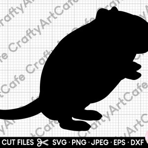 May include: Black silhouette of a gerbil standing on its hind legs with its tail curled behind it.