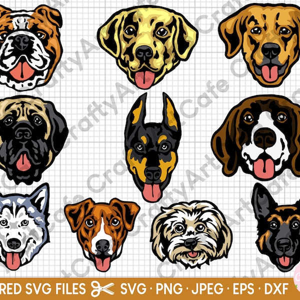 dog head svg bundle for cricut layered cut files, doberman, english bulldog, german shepherd, gsd, golden retriever, husky