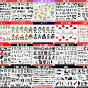 May include: A digital collage of 20 different categories of SVG cut files, including Christmas, sports, animals, and holidays. Each category features a variety of designs in black and white.