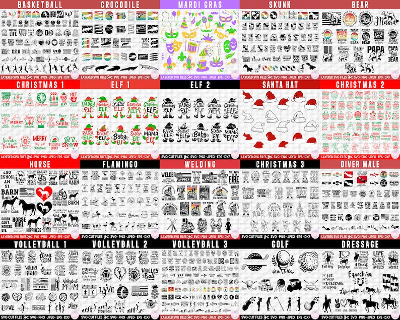 May include: A digital collage of 20 different categories of SVG cut files, including Christmas, sports, animals, and holidays. Each category features a variety of designs in black and white.