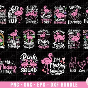 May include: A digital download bundle of 12 pink flamingo themed SVG cut files. The designs include phrases like "Always be a flamingo", "Let's get flocked up", "I'm flocking fabulous", and "Pink Squad".
